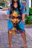 Casual Figure Print Basic V Neck Short Sleeve Loose Pockets Midi T-Shirt Dress