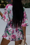 Casual Graphics Print V Neck Flare Sleeve Ruffle Trim Lace Up Front Tie Vacation Loose Romper