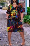Casual Figure Print Basic V Neck Short Sleeve Loose Pockets Midi T-Shirt Dress