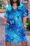 Casual Butterfly Print Basic V Neck Short Sleeve Loose Pockets Midi T-Shirt Dress