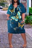 Casual Butterfly Print Basic V Neck Short Sleeve Loose Pockets Midi T-Shirt Dress