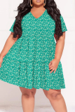 Casual Boho Print V Neck Short Sleeve Ruffle Hem Vacation Plus Size A Line Midi Dresses