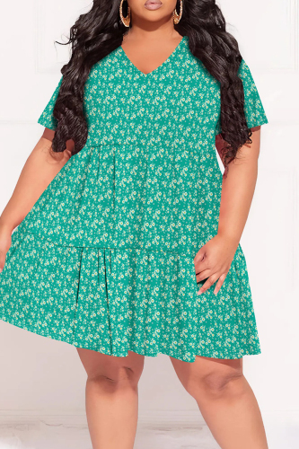 Casual Boho Print V Neck Short Sleeve Ruffle Hem Vacation Plus Size A Line Midi Dresses