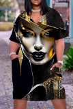 Casual Figure Print Basic V Neck Short Sleeve Loose Pockets Midi T-Shirt Dress