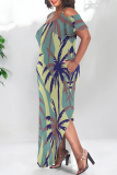 Floral Print Polka Dot U Neck Short Sleeve Cold Shoulder Pocket Side Slit Irregular Hem Vacation Plus Size Maxi Dresses