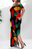Floral Print Polka Dot U Neck Short Sleeve Cold Shoulder Pocket Side Slit Irregular Hem Vacation Plus Size Maxi Dresses