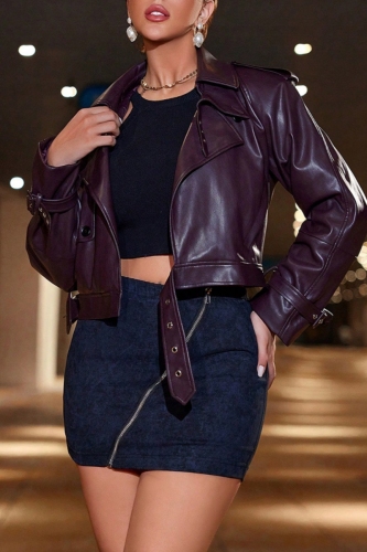 Casual Turndown Collar Long Sleeve Leather Crop Cardigan Jackets