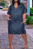 Casual Graphics Print Basic V Neck Short Sleeve Loose Pockets Midi T-Shirt Dress