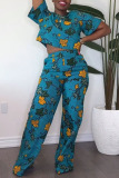 Casual Floral Print O Neck Short Sleeve Crop Tops And Wide Leg Pants Vacation Two Pieces Trouser Sets