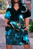 Casual Butterfly Print Basic V Neck Short Sleeve Loose Pockets Midi T-Shirt Dress