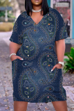 Casual Graphics Print Basic V Neck Short Sleeve Loose Pockets Midi T-Shirt Dress