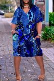 Casual Butterfly Print Basic V Neck Short Sleeve Loose Pockets Midi T-Shirt Dress