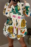 Casual Print Turndown Collar Long Sleeve Buttons Ruffle Trim Vacation Mini Shirt Dresses