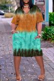 Casual Graphics Print Basic V Neck Short Sleeve Loose Pockets Midi T-Shirt Dress