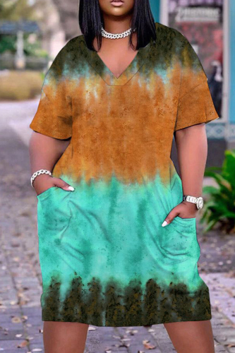 Casual Graphics Print Basic V Neck Short Sleeve Loose Pockets Midi T-Shirt Dress