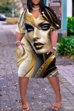 Casual Figure Print Basic V Neck Short Sleeve Loose Pockets Midi T-Shirt Dress