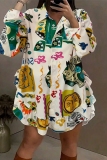 Casual Print Turndown Collar Long Sleeve Buttons Ruffle Trim Vacation Mini Shirt Dresses