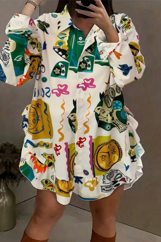 Casual Print Turndown Collar Long Sleeve Buttons Ruffle Trim Vacation Mini Shirt Dresses