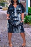 Casual Graphics Print Basic V Neck Short Sleeve Loose Pockets Midi T-Shirt Dress