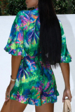 Casual Graphics Print V Neck Flare Sleeve Ruffle Trim Lace Up Front Tie Vacation Loose Romper