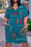 Casual Graphics Print Basic V Neck Short Sleeve Loose Pockets Midi T-Shirt Dress