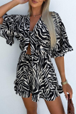 Casual Graphics Print V Neck Flare Sleeve Ruffle Trim Lace Up Front Tie Vacation Loose Romper