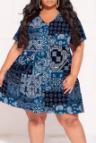 Casual Boho Print V Neck Short Sleeve Ruffle Hem Vacation Plus Size A Line Midi Dresses