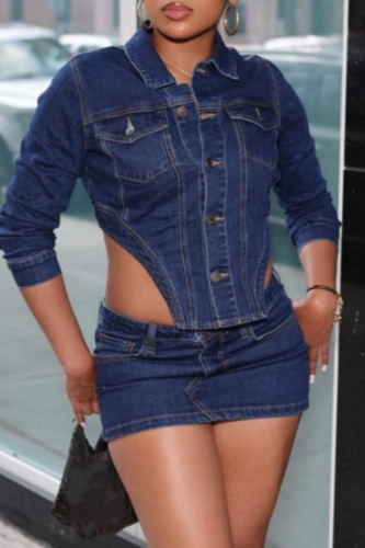 Casual Turndown Collar Long Sleeve Slit Denim Cropped Jacket And Mini Skirt Two Pieces Dress Sets
