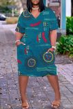 Casual Graphics Print Basic V Neck Short Sleeve Loose Pockets Midi T-Shirt Dress
