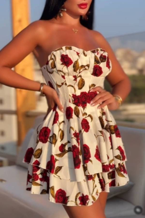Floral Print Strapless Sleeveless Ruffle Tiered Hem Cinch Waist A Line Vacation Tube Mini Dresses