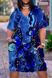 Casual Butterfly Print Basic V Neck Short Sleeve Loose Pockets Midi T-Shirt Dress