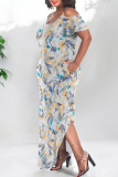 Floral Print Polka Dot U Neck Short Sleeve Cold Shoulder Pocket Side Slit Irregular Hem Vacation Plus Size Maxi Dresses