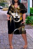 Casual Figure Print Basic V Neck Short Sleeve Loose Pockets Midi T-Shirt Dress