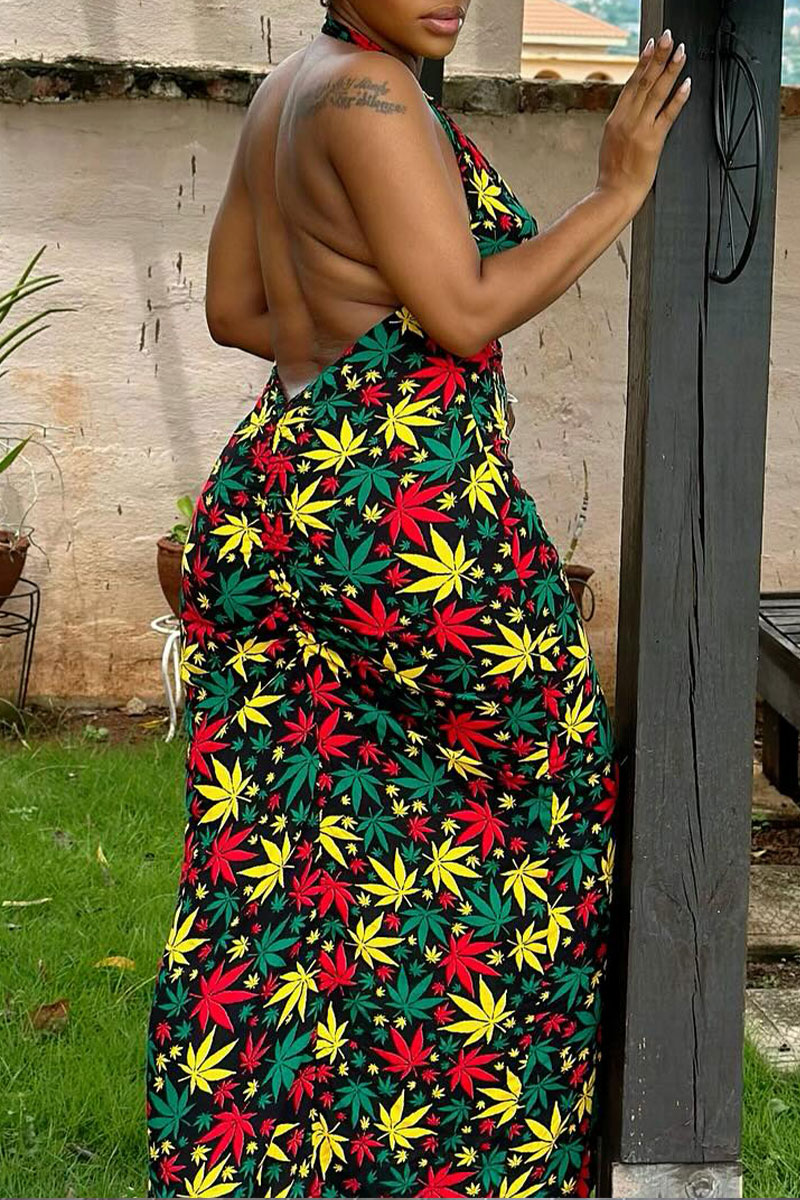Deep V neck gold (foil) print featured boho maxi dress in Azure Flutter