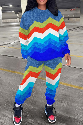 Sportwear Casual Print Basic O Neck Long Sleeve Sweatshirt And Skinny Pants Two Pieces Tracksuit Sweatpants Set