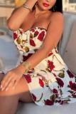 Floral Print Strapless Sleeveless Ruffle Tiered Hem Cinch Waist A Line Vacation Tube Mini Dresses