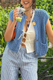 Casual O Neck Sleeveless Pocket Buttons Weave Knitted Sweater Vest