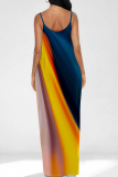 Casual Ombre Print Backless Spaghetti Strap Floor Length Vacation Baggy Sundress Maxi Slip Dress