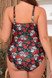 Halloween  Skull Head Floral Print Hollow Out Spaghetti Strap Halter Crossover One Piece Swimsuit Vacation Beach Plus Size Swimwear