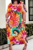 Casual Tie Dye V Neck Short Sleeve Pockets Long Baggy Straight Plus Size Maxi T-shirt Dress