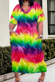 Casual Tie Dye V Neck Short Sleeve Pockets Long Baggy Straight Plus Size Maxi T-shirt Dress