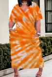 Casual Tie Dye V Neck Short Sleeve Pockets Long Baggy Straight Plus Size Maxi T-shirt Dress