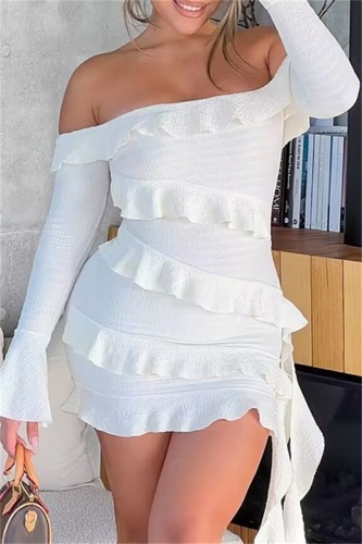 Backless Off Shoulder Flare Sleeve Ruffle Trim Formal Party Evening Bodycon Mini Dresses