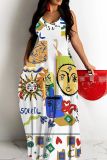 Sexy Graphcis Print Backless Spaghetti Strap Floor Length Vacation Baggy Sundress Slip Maxi Dress