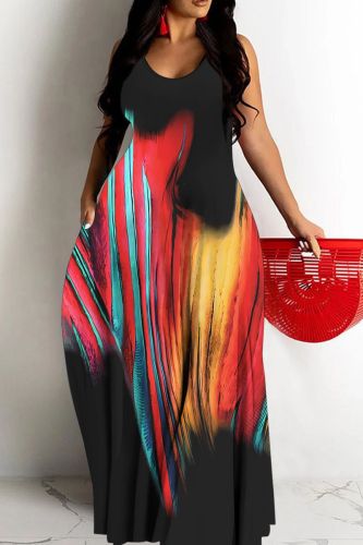 Sexy Graphcis Print Backless Spaghetti Strap Floor Length Vacation Baggy Sundress Slip Maxi Dress