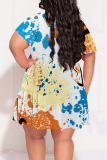 Street Graphics Print V Neck Short Sleeve Ruffle Hem Vacation Plus Size A Line Mini Dresses