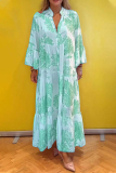 Daily Floral Print V Neck Flare Sleeve Ruffle Hem Vacation A Line Maxi Shirt Dresses
