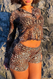 Casual Leopard Print Long Sleeve See-through Buttons Crop Shirt And Shorts Vacation Two Pieces Shorts Sets