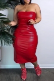 Casual Backless Strapless Wrapped Skirt Night Club Bodycon Leather Tube Midi Dresses