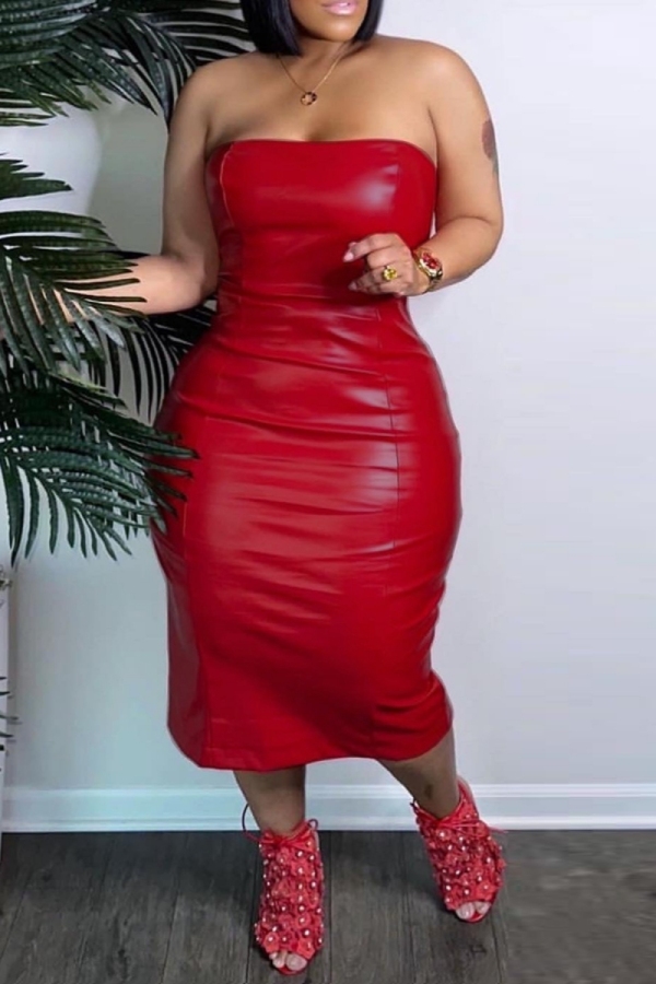 Casual Backless Strapless Wrapped Skirt Night Club Bodycon Leather Tube Midi Dresses